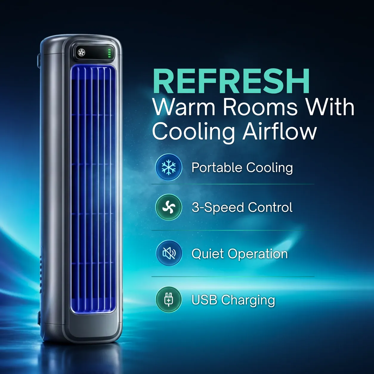 PolarBreeze Pro tower: portable cooling, 3-speed control, quiet operation