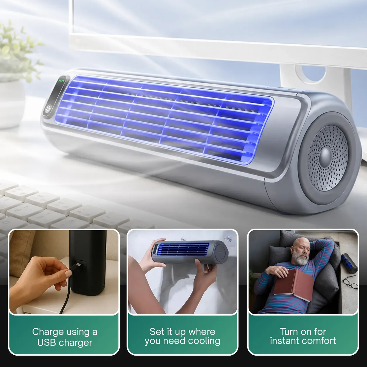 PolarBreeze Pro on a desk: set it up where you need cooling and turn it on for instant comfort
